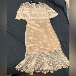 ELI TAHARI WHITE Lace and fringe dress